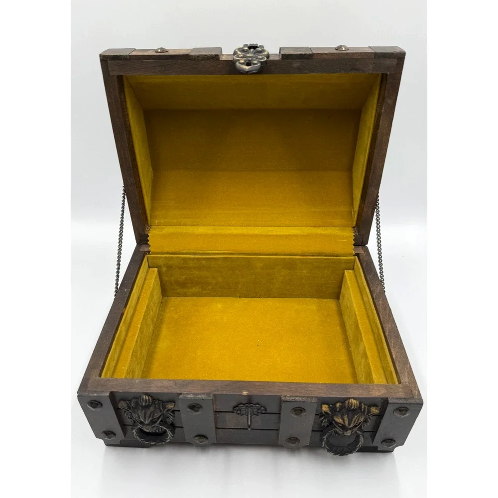 Vintage Wooden Trinket Jewelry Chest Box Lion Head Knockers Ornate Latch Gothic